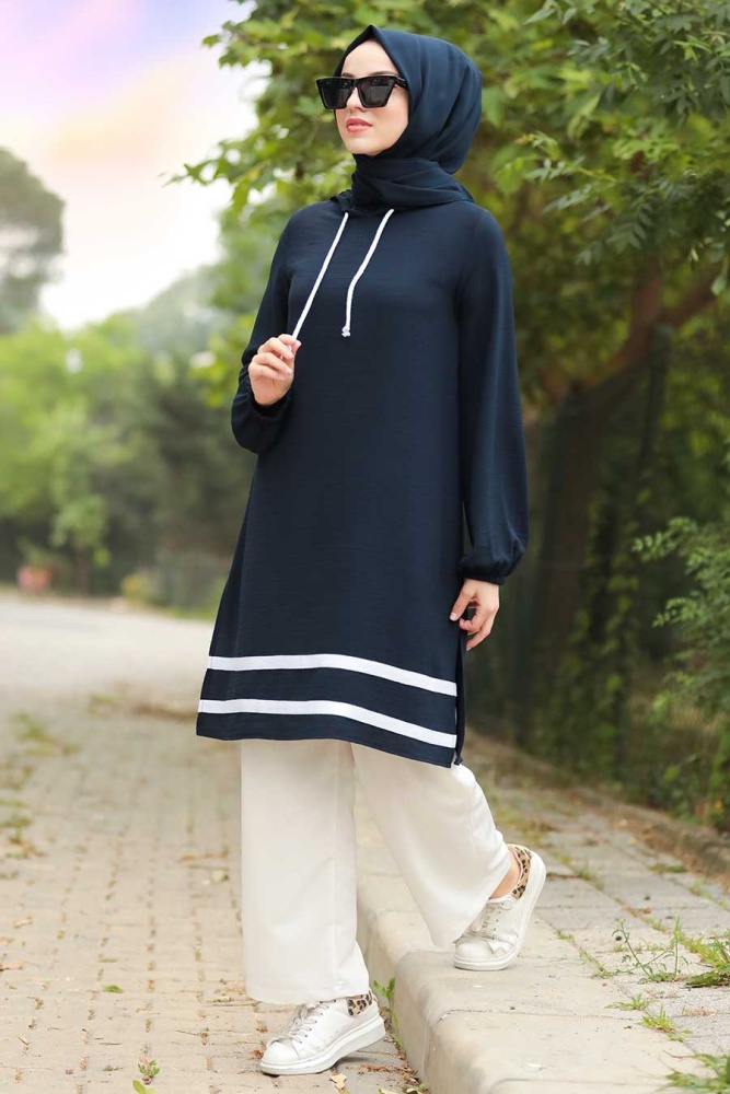 Neva Style - Çizgili Lacivert Tesettür İkili Takım 10212L - 2