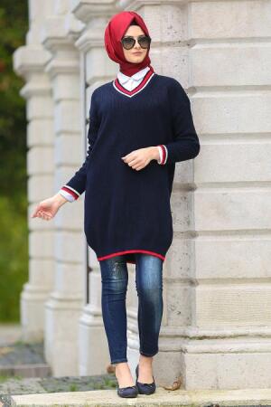 Neva Style - Çizgili Lacivert Tesettür Triko Tunik 28800L - 1