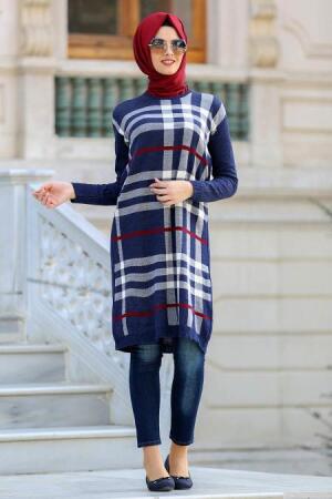 Neva Style - Çizgili Lacivert Tesettür Tunik 15251L - 1