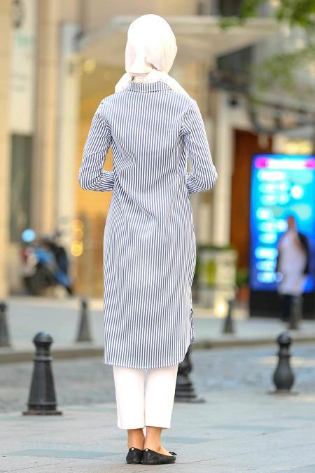 Neva Style - Çizgili Lacivert Tesettür Tunik 2901L - 3
