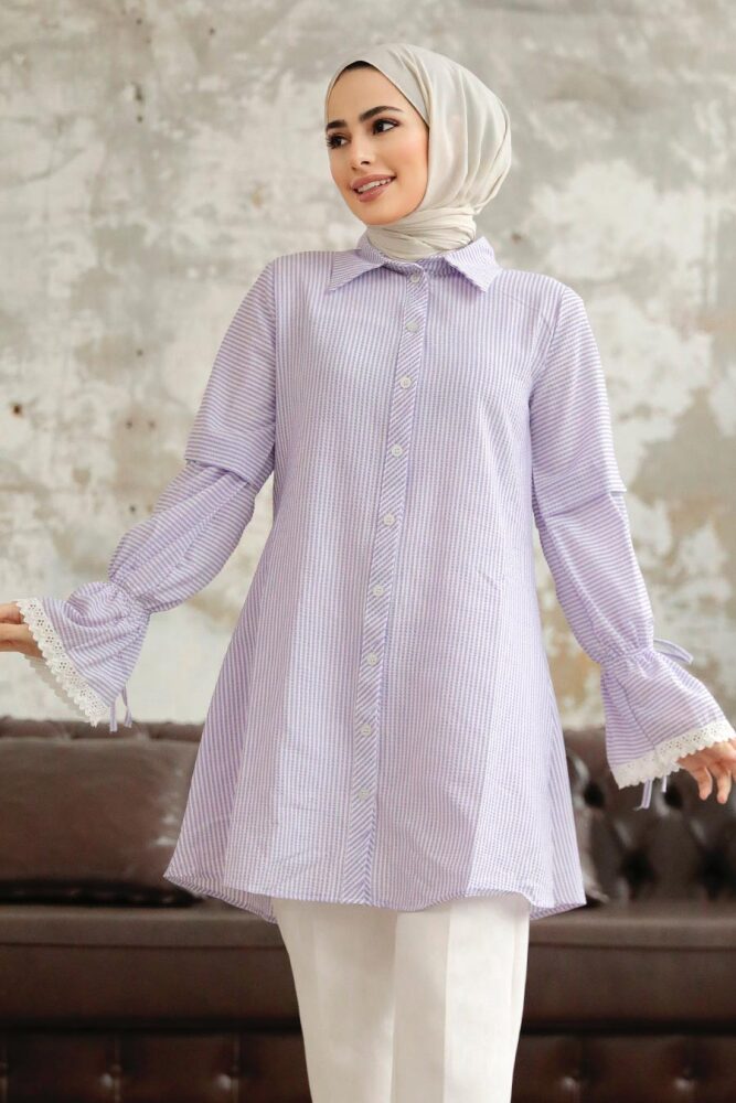 Neva Style - Çizgili Lila Tesettür Gömlek 11251LILA - NEVA STYLE