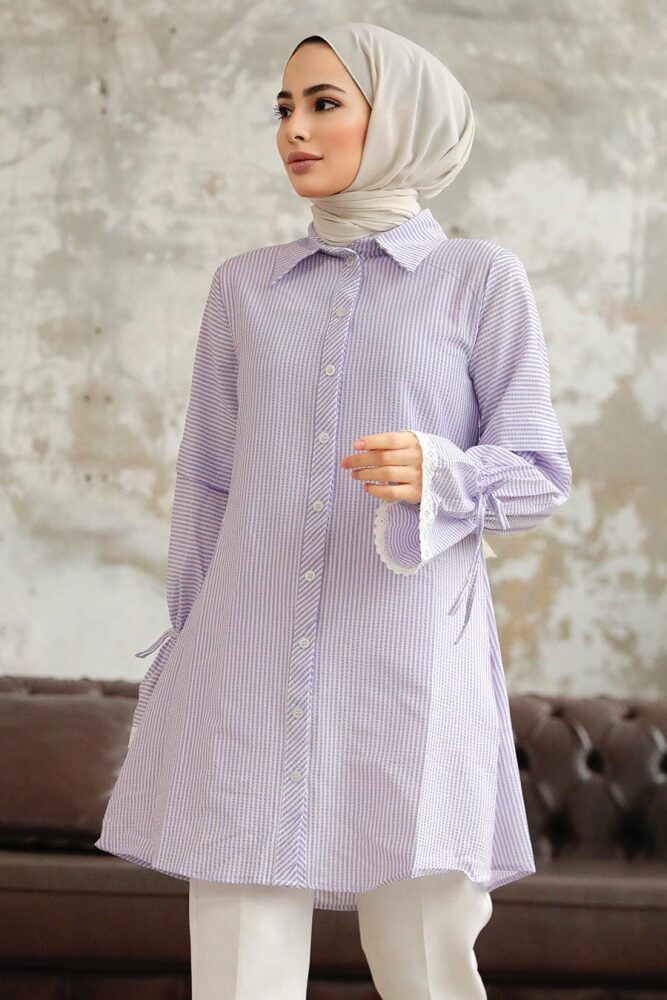 Neva Style - Çizgili Lila Tesettür Gömlek 11251LILA - 2