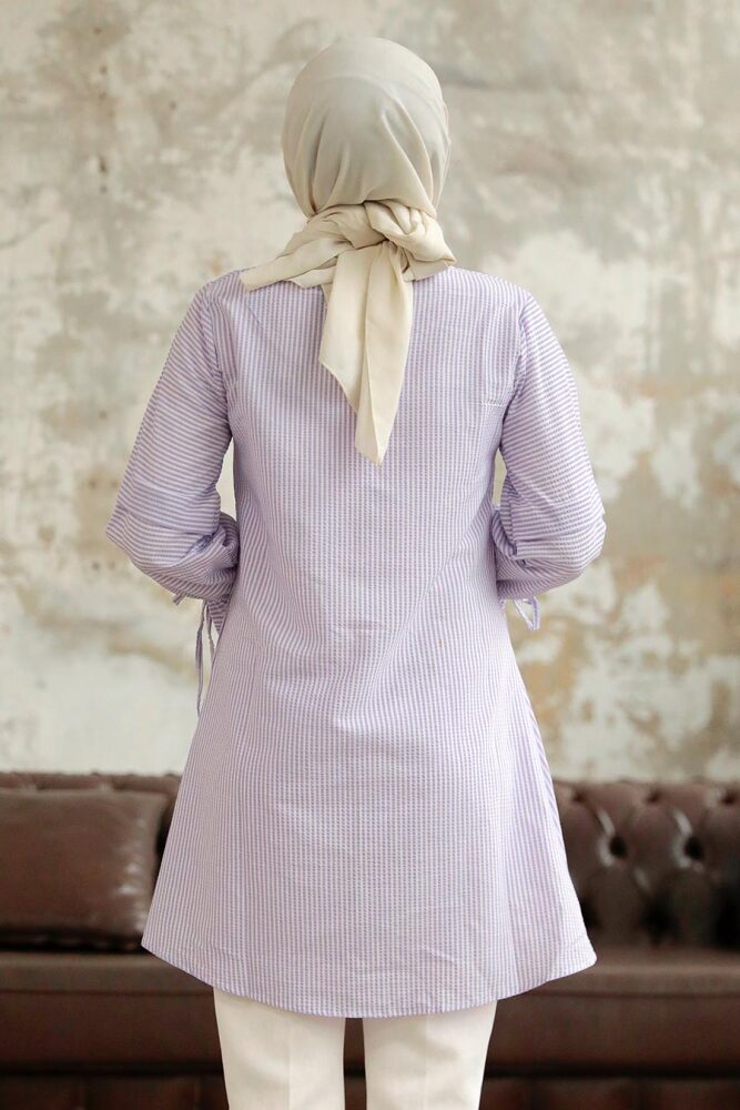 Neva Style - Çizgili Lila Tesettür Gömlek 11251LILA - 3
