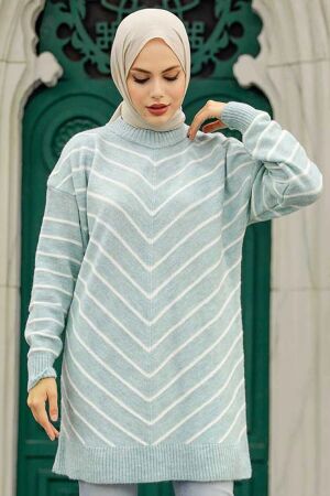 Neva Style - Çizgili Mint Tesettür Triko Kazak 81861MINT 