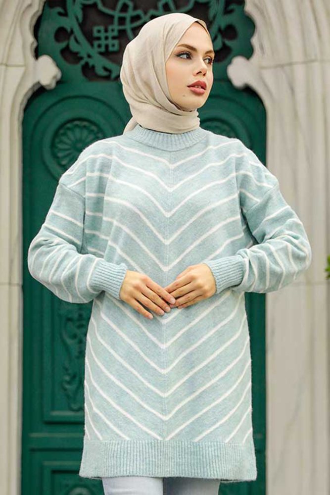 Neva Style - Çizgili Mint Tesettür Triko Kazak 81861MINT - 2