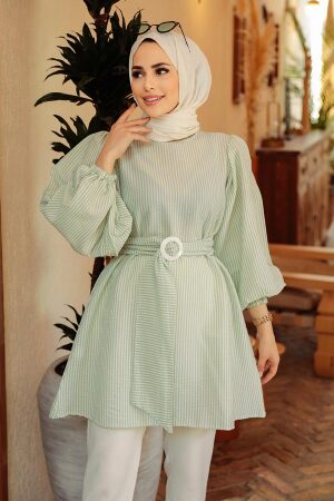Neva Style - Çizgili Mint Tesettür Tunik 40681MINT - 1