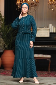 Neva Style - Çizgili Petrol Mavisi Tesettür Elbise 57452PM - Thumbnail
