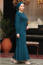 Neva Style - Çizgili Petrol Mavisi Tesettür Elbise 57452PM - Thumbnail