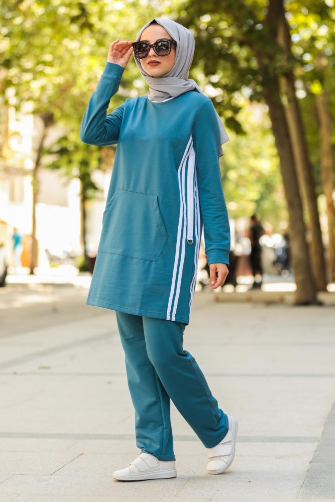 Neva Style - Çizgili Petrol Mavisi Tesettür Eşofman Takım 91480PM - 1