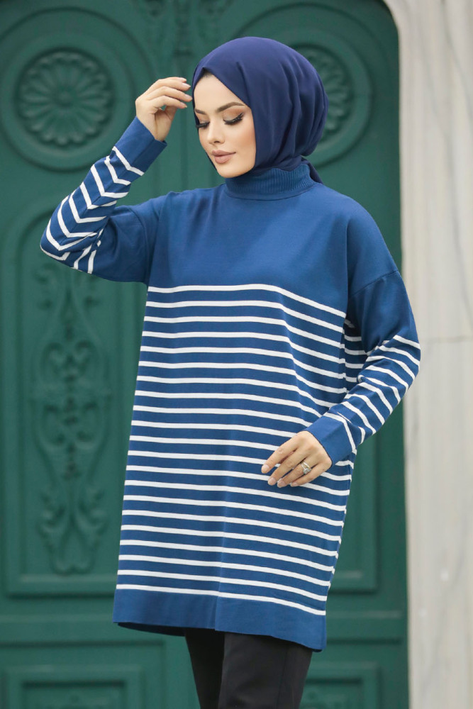 Neva Style - Çizgili Petrol Mavisi Tesettür Triko Tunik 10141PM - 1