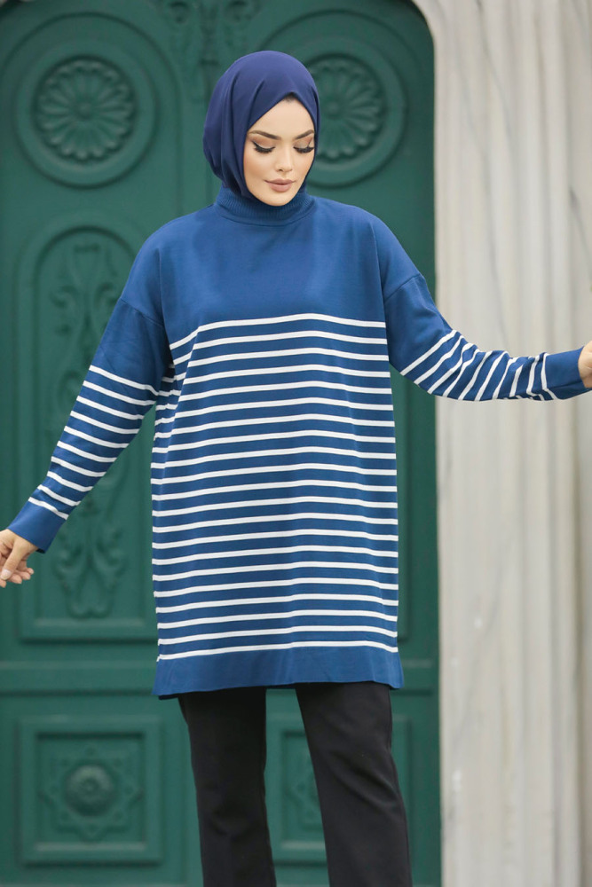 Neva Style - Çizgili Petrol Mavisi Tesettür Triko Tunik 10141PM - 2