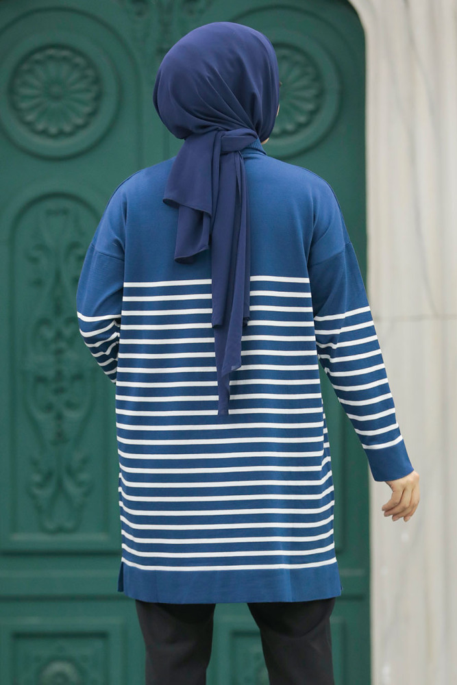 Neva Style - Çizgili Petrol Mavisi Tesettür Triko Tunik 10141PM - 3