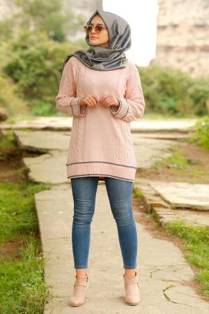 Neva Style - Çizgili Pudra Tesettür Triko Tunik 15489PD - 1
