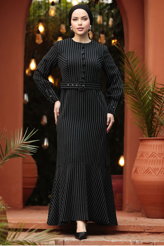 Neva Style - Çizgili Siyah Tesettür Elbise 57452S - 3