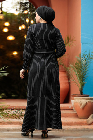 Neva Style - Çizgili Siyah Tesettür Elbise 57452S - 5