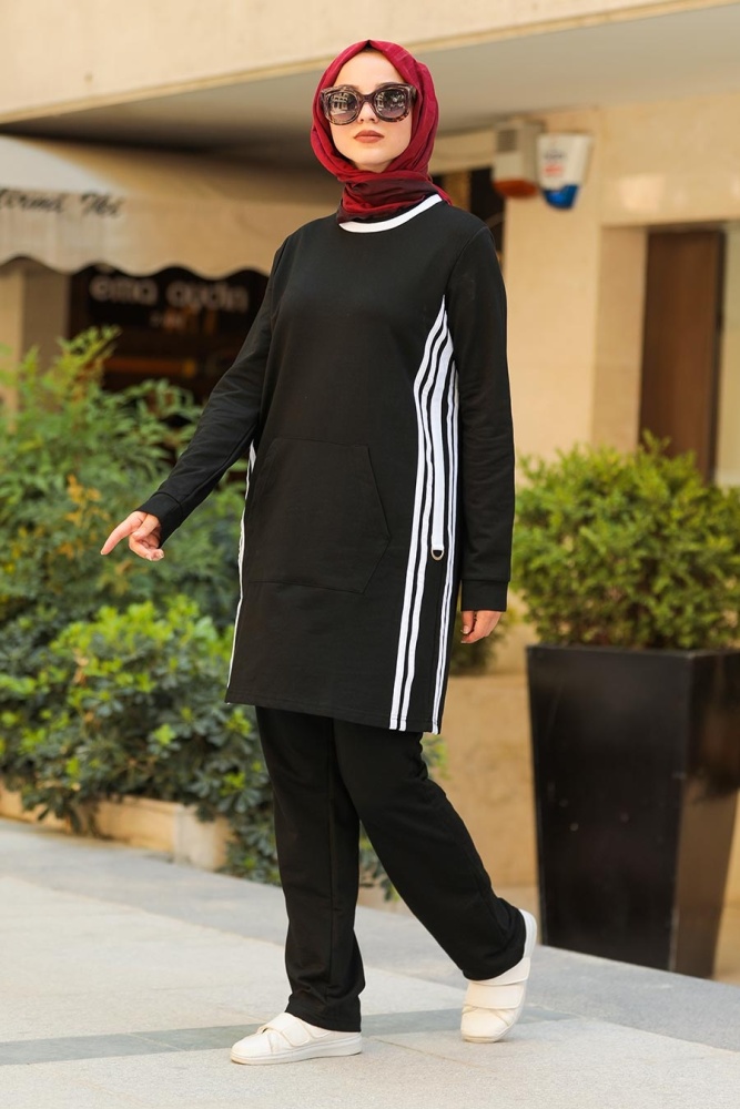 Neva Style - Çizgili Siyah Tesettür Eşofman Takım 91480S - 1