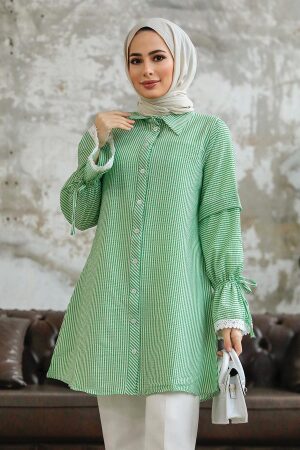 Neva Style - Çizgili Çağla Yeşili Tesettür Gömlek 11251CY - NEVA STYLE