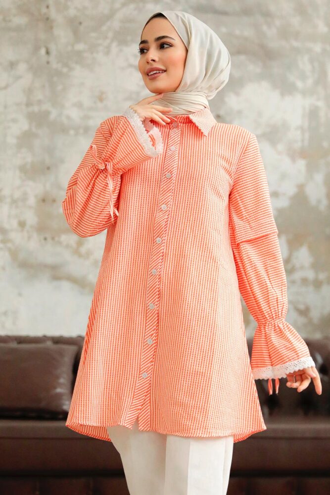 Neva Style - Çizgili Turuncu Tesettür Gömlek 11251T - 1