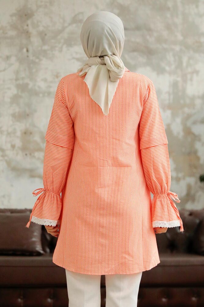 Neva Style - Çizgili Turuncu Tesettür Gömlek 11251T - 3