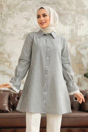 Neva Style - Çizgili Siyah Tesettür Gömlek 11251S - NEVA STYLE
