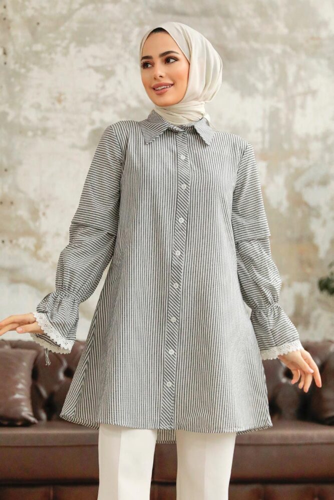 Neva Style - Çizgili Siyah Tesettür Gömlek 11251S - 1