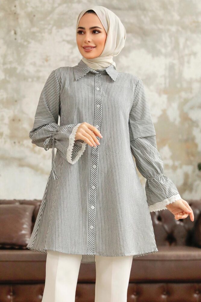 Neva Style - Çizgili Siyah Tesettür Gömlek 11251S - 2
