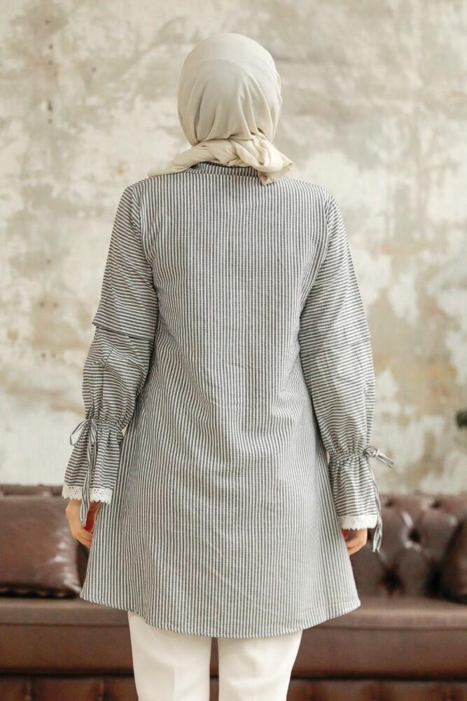Neva Style - Çizgili Siyah Tesettür Gömlek 11251S - 3
