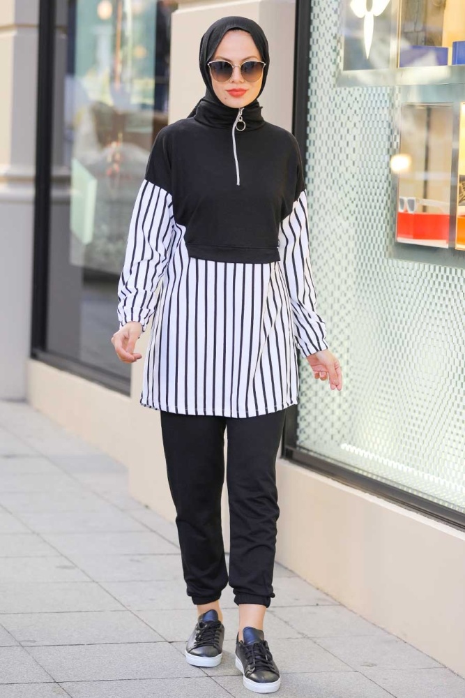 Neva Style - Çizgili Siyah Tesettür İkili Takım 6920S - 1