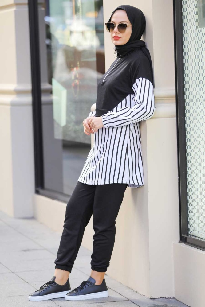 Neva Style - Çizgili Siyah Tesettür İkili Takım 6920S - 3