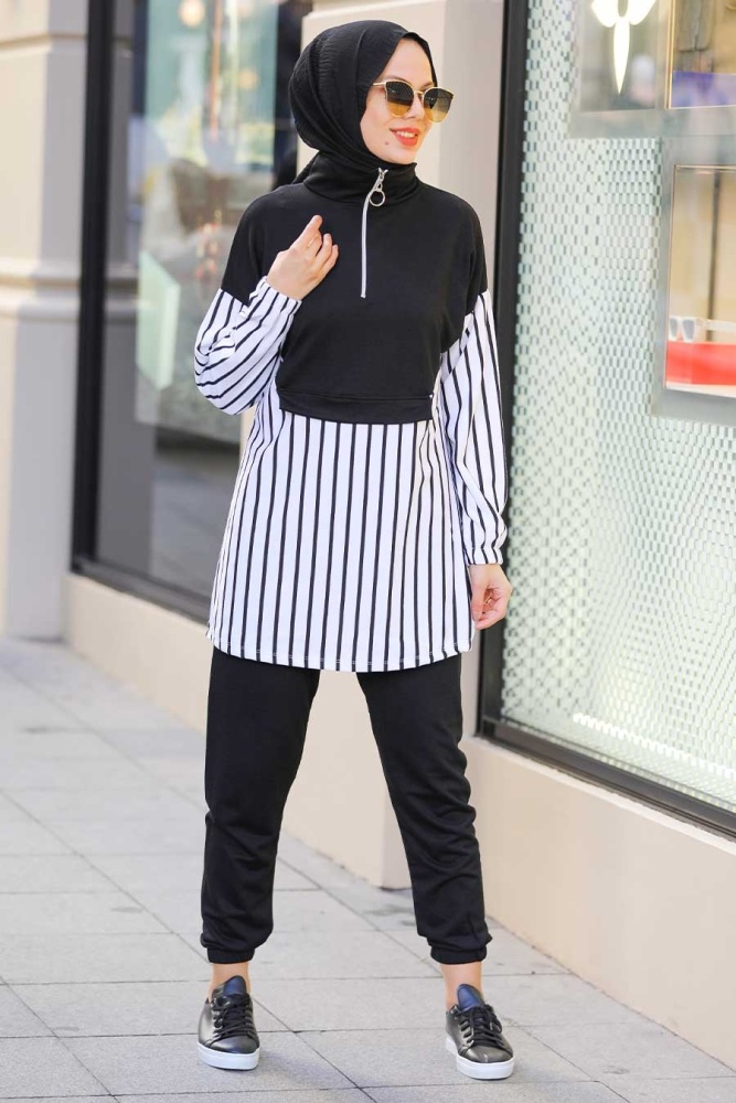 Neva Style - Çizgili Siyah Tesettür İkili Takım 6920S - 2