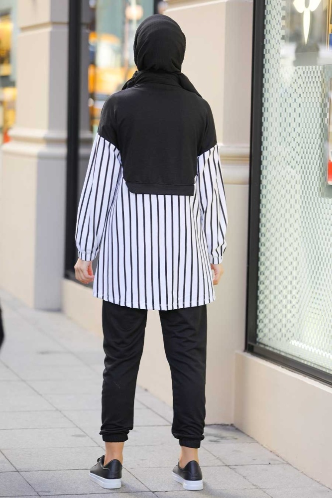Neva Style - Çizgili Siyah Tesettür İkili Takım 6920S - 4