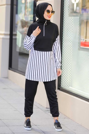  Çizgili Siyah Tesettür İkili Takım 6920S - 2