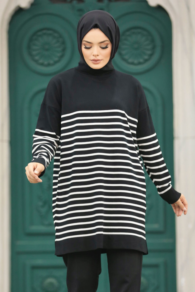 Neva Style - Çizgili Siyah Tesettür Triko Tunik 10141S - 3