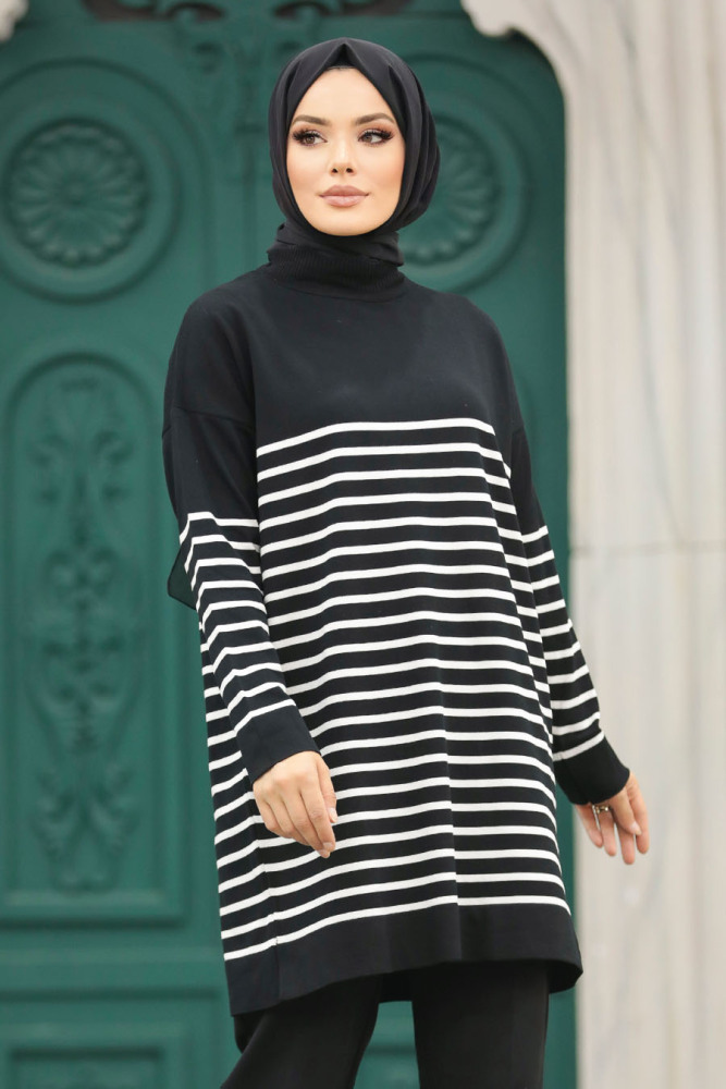 Neva Style - Çizgili Siyah Tesettür Triko Tunik 10141S - 1