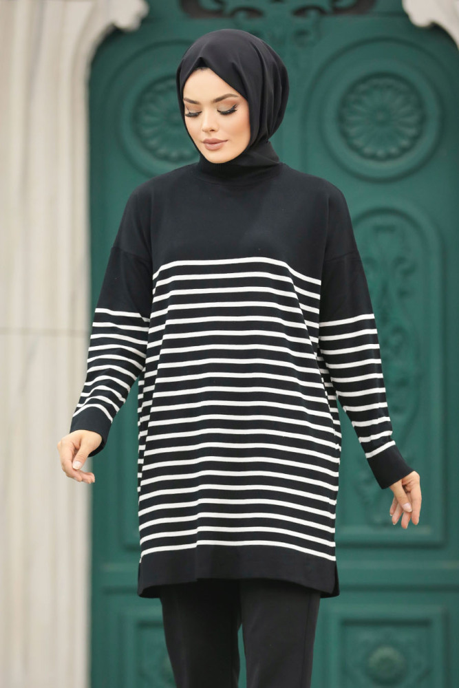 Neva Style - Çizgili Siyah Tesettür Triko Tunik 10141S - 2