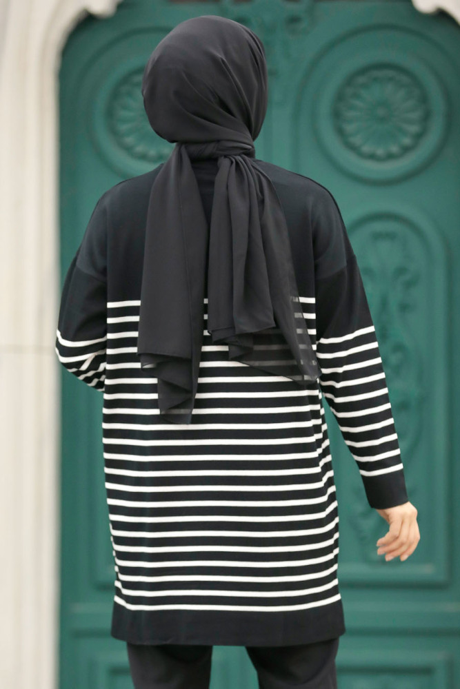 Neva Style - Çizgili Siyah Tesettür Triko Tunik 10141S - 4