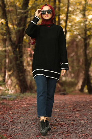 Neva Style - Çizgili Siyah Tesettür Triko Tunik 15489S - 1