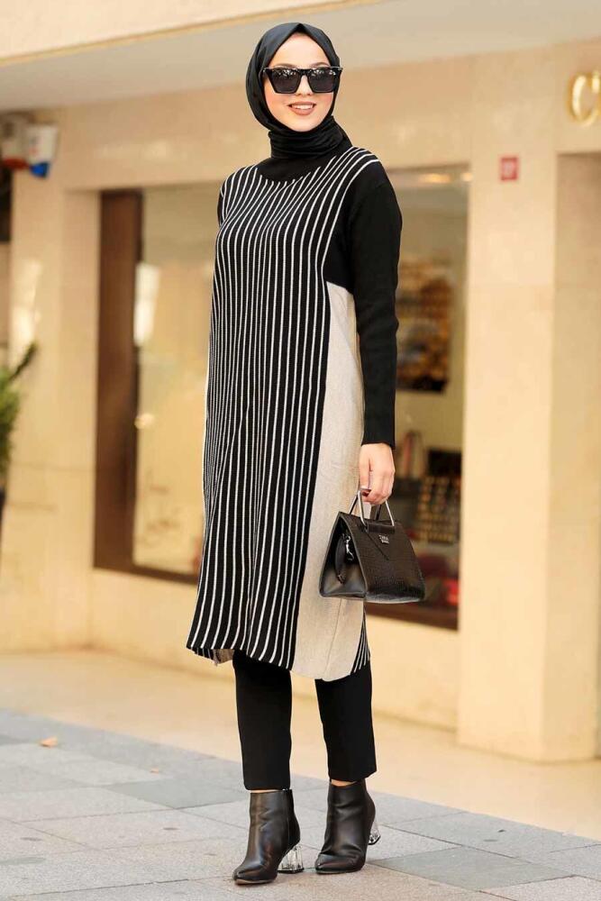 Neva Style - Çizgili Siyah Tesettür Triko Tunik 15624S - 1