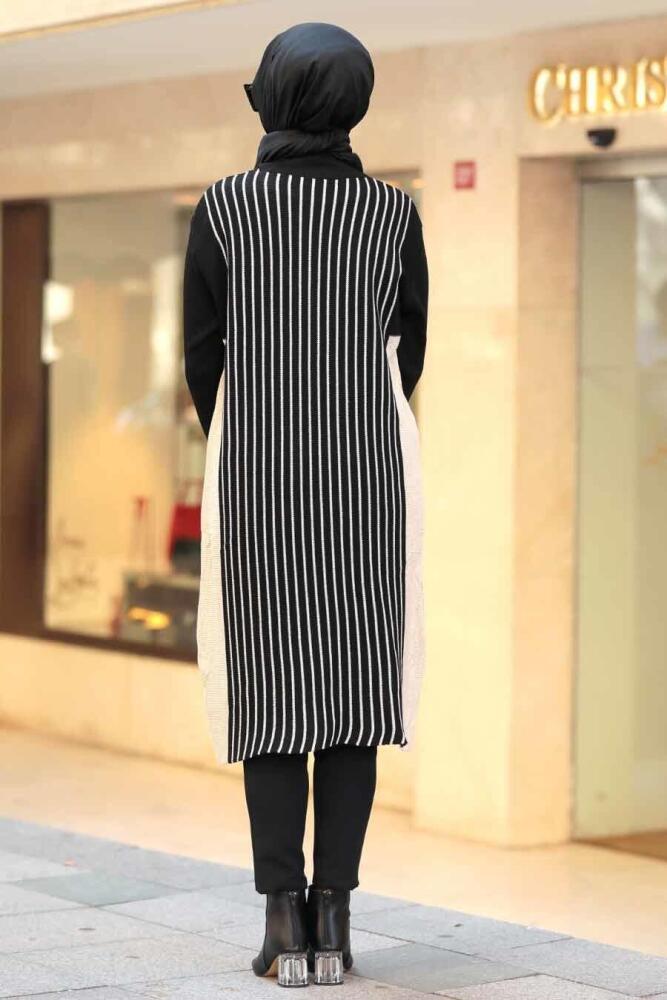 Neva Style - Çizgili Siyah Tesettür Triko Tunik 15624S - 2