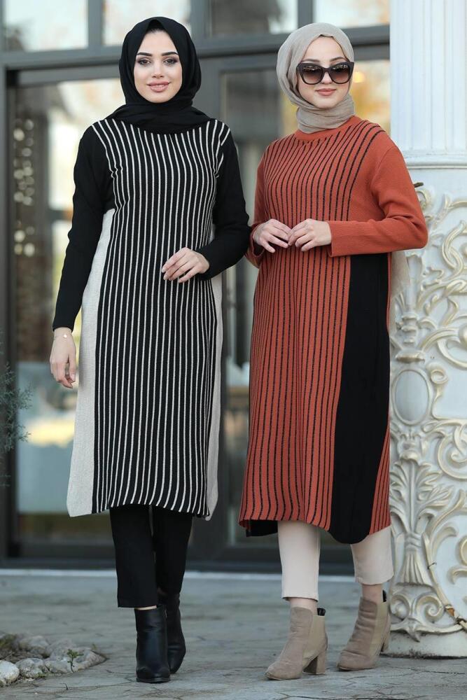 Neva Style - Çizgili Siyah Tesettür Triko Tunik 15624S - 3