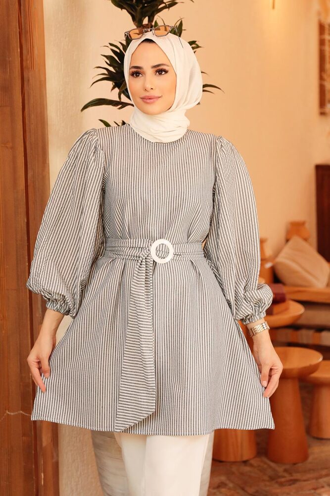 Neva Style - Çizgili Siyah Tesettür Tunik 40681S - 4