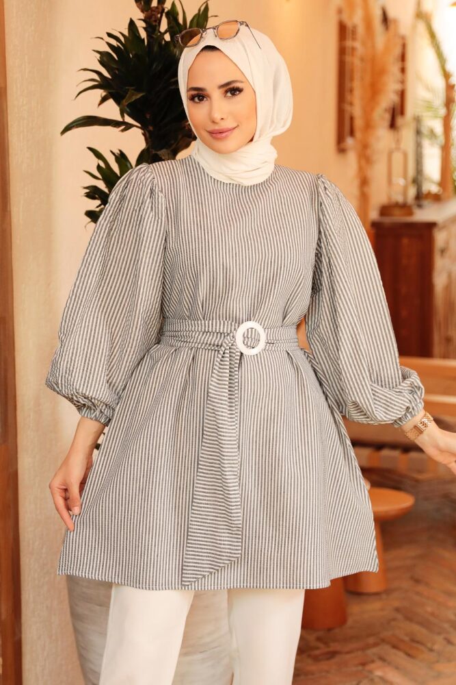 Neva Style - Çizgili Siyah Tesettür Tunik 40681S - 2