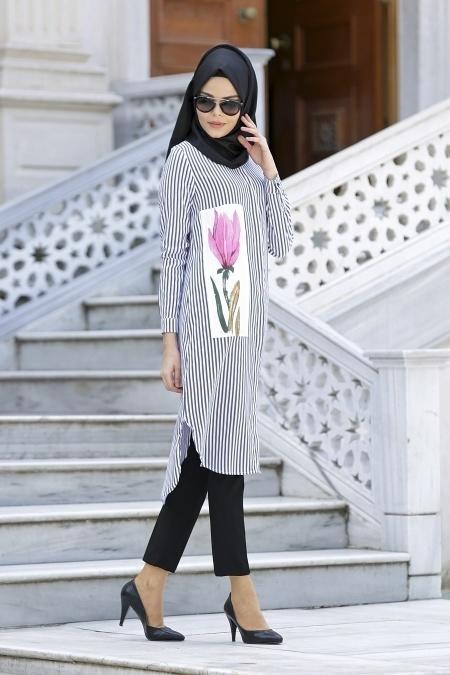Neva Style - Çizgili Siyah Tunik - 2