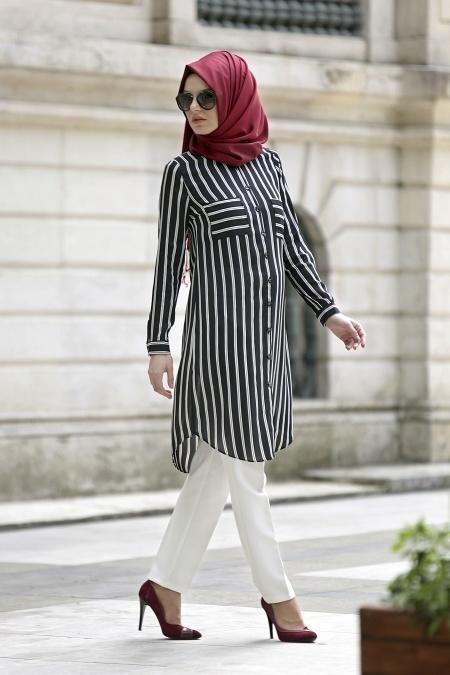 Neva Style - Çizgili Siyah Tunik - 2