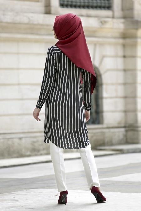 Neva Style - Çizgili Siyah Tunik - 3