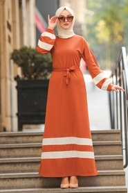 Neva Style - Çizgili Taba Tesettür Elbise 207TB - Thumbnail
