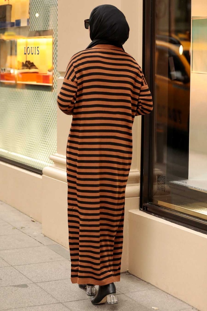  Çizgili Taba Tesettür Triko Elbise 33371TB - 2