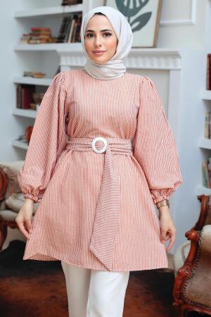 Neva Style - Çizgili Taba Tesettür Tunik 40681TB - 1