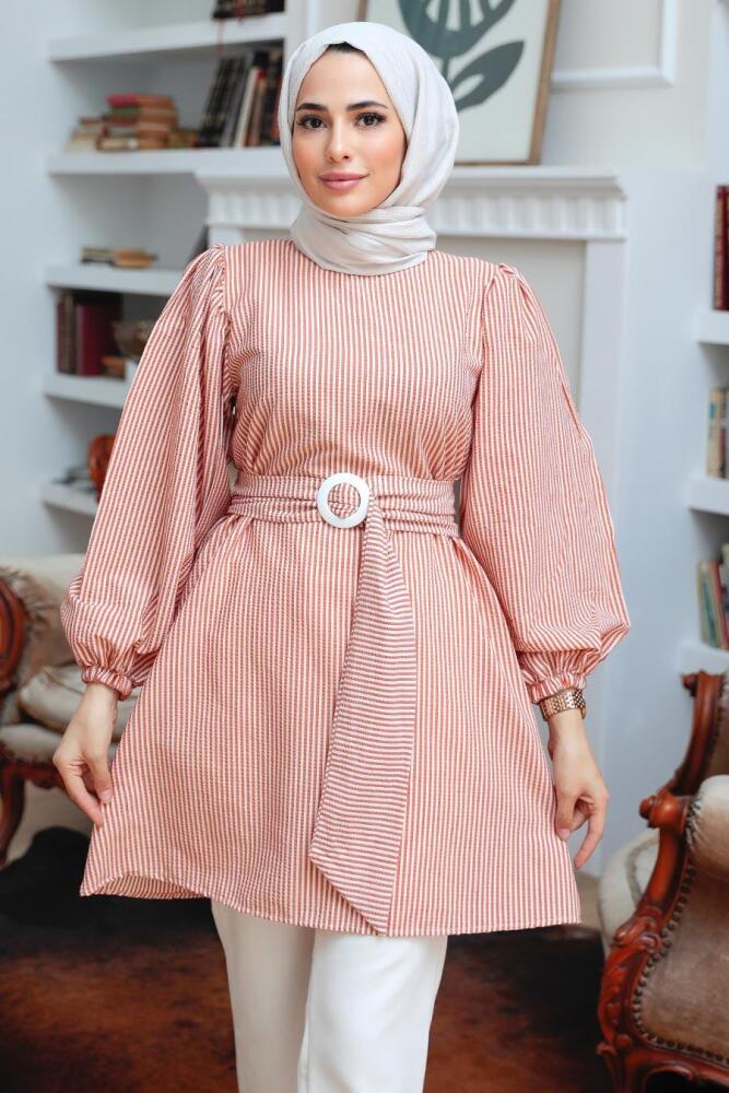 Neva Style - Çizgili Taba Tesettür Tunik 40681TB - 1