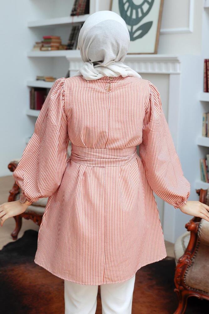 Neva Style - Çizgili Taba Tesettür Tunik 40681TB - 2